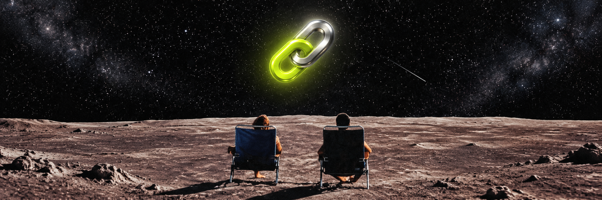 Two observers watching the final link above a lunar landscape